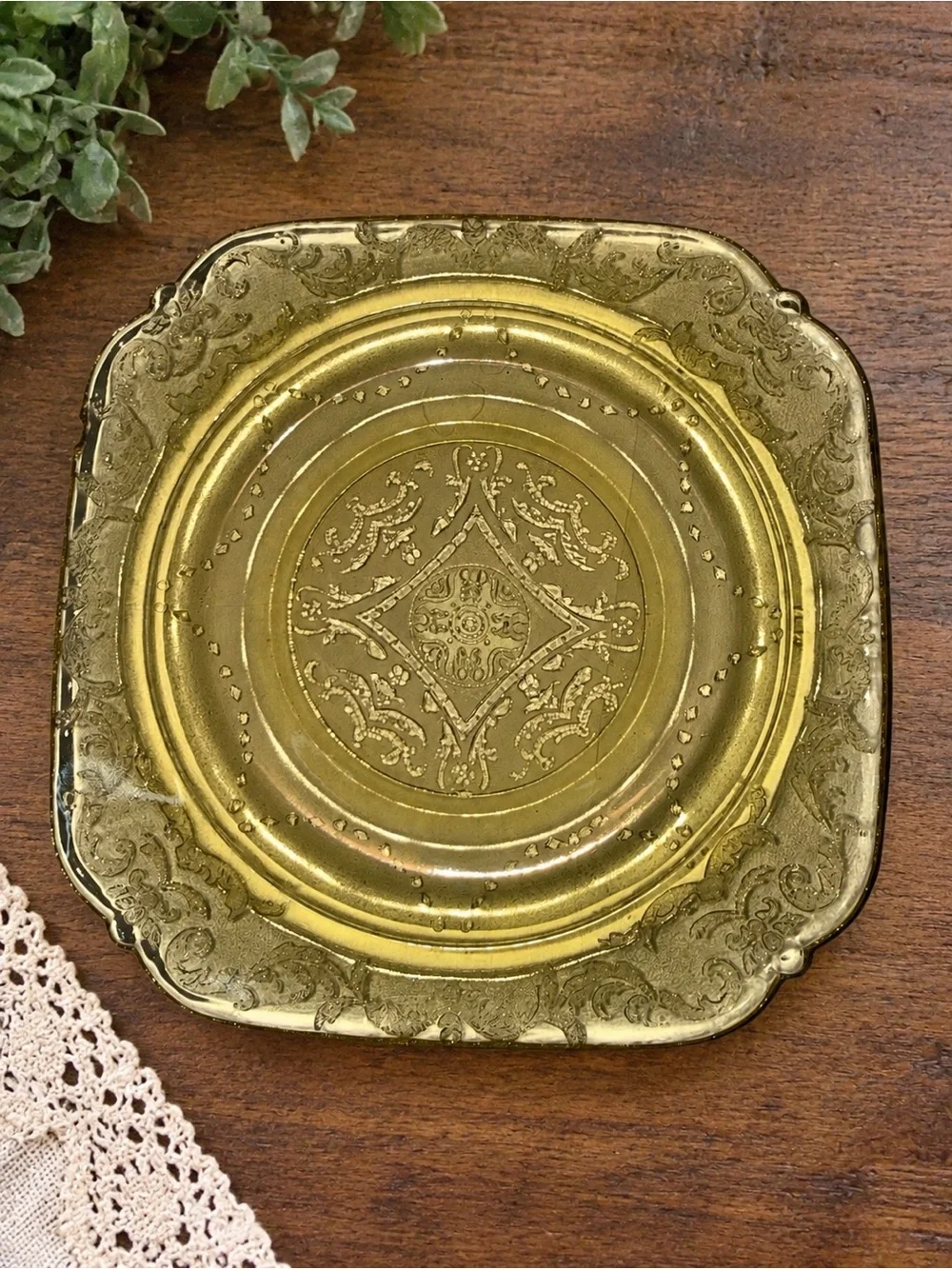 Vintage Amber Glass Dessert Plates Set of 4 Ornate Floral Scroll 6” Square